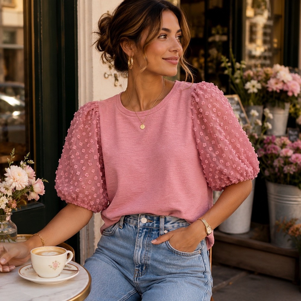 Maeve Anthropologie Pink Floral Puff‎ Romantic Blouse Top Shirt Feminine Sz S